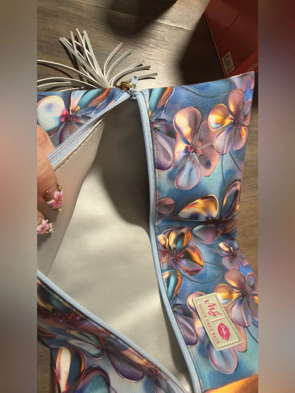 Makeup Junkie Large Floral Holographic Zip Bag